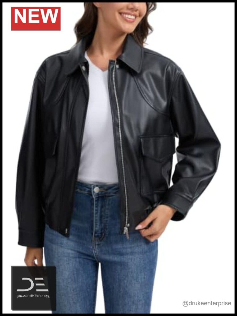 Faux Leather Moto Jacket Snap Button Zip Closure Relaxed Fit